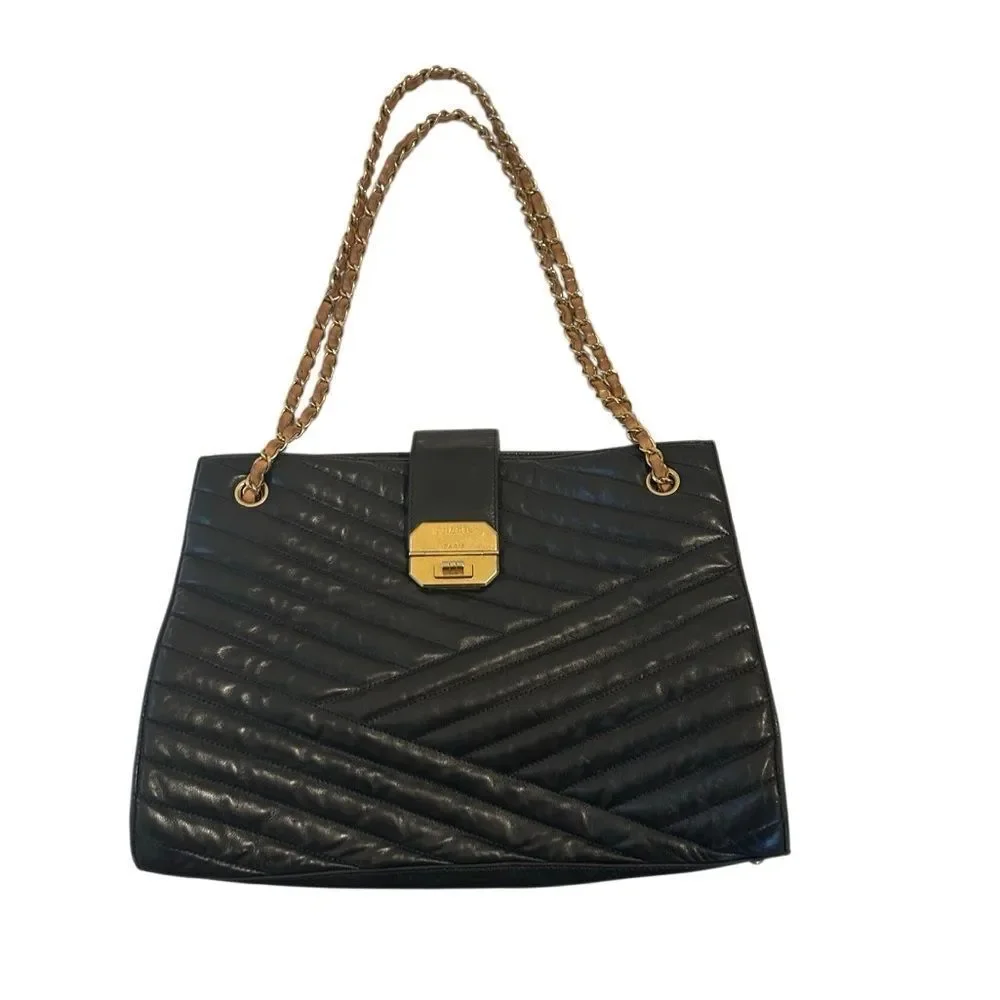 CHANEL Black Quilted Tote with Gold Chain